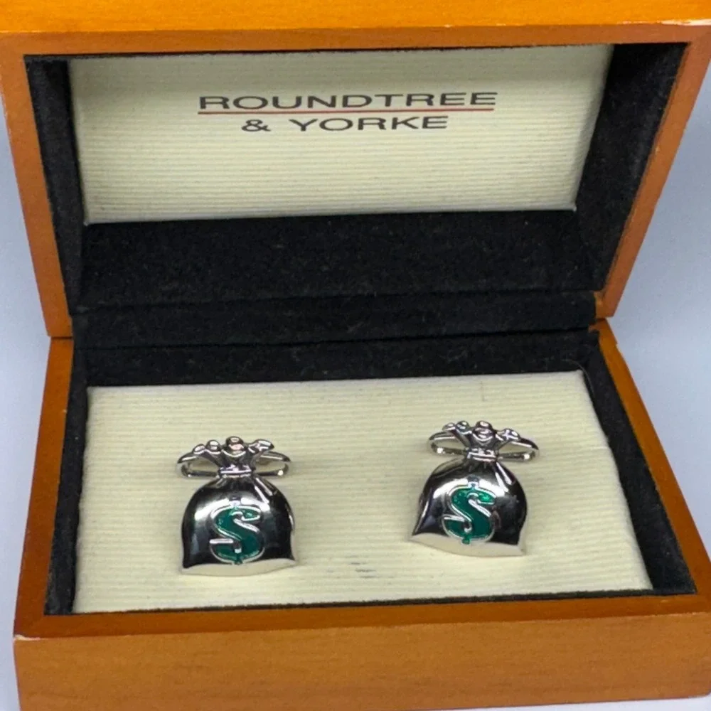 Roundtree & Yorke Silver Money Bag Cufflinks Green Dollar Sign‎